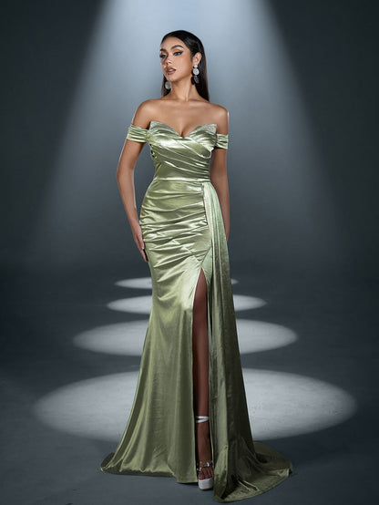 Elegant Satin Off-Shoulder Mermaid Gown | Sculpted Ruching & High Thigh Slit – view 12