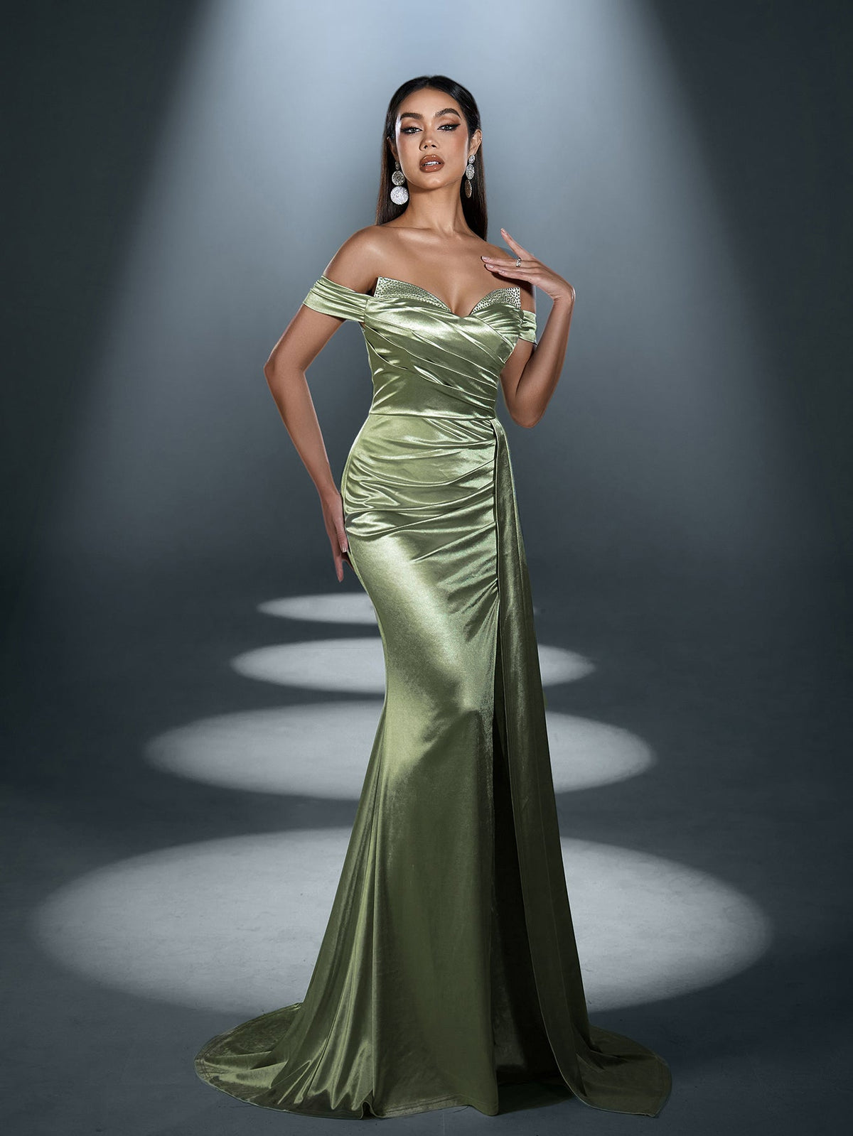 Elegant Satin Off-Shoulder Mermaid Gown | Sculpted Ruching & High Thigh Slit – view 14