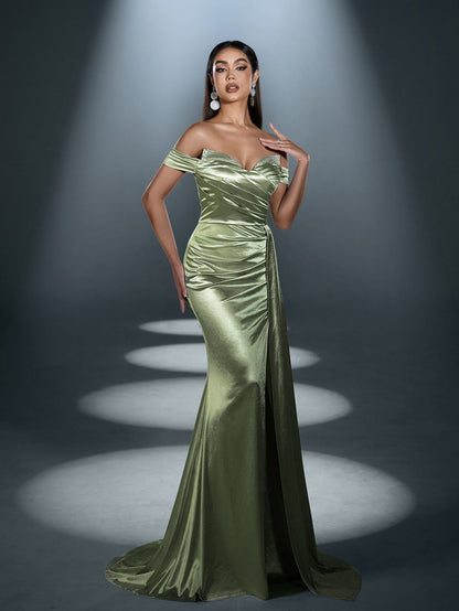 Elegant Satin Off-Shoulder Mermaid Gown | Sculpted Ruching & High Thigh Slit – view 14