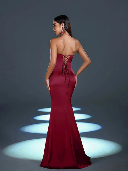 Additional product view of High-Slit Strapless Satin Sequin Mermaid Evening Gown