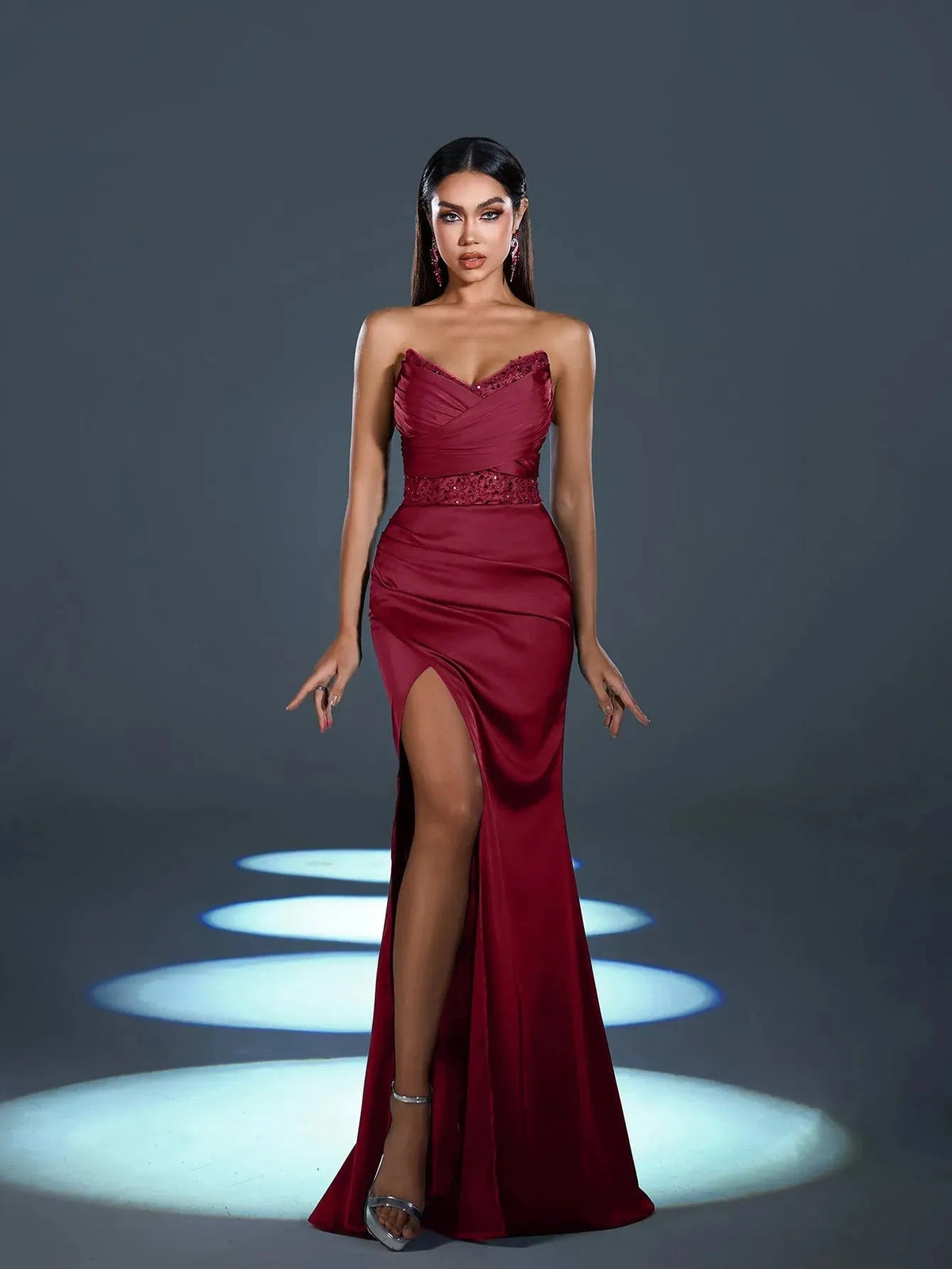 Additional product view of High-Slit Strapless Satin Sequin Mermaid Evening Gown