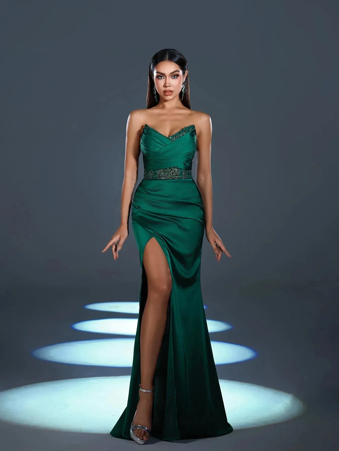 Additional product view of High-Slit Strapless Satin Sequin Mermaid Evening Gown