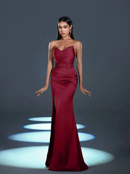 Additional product view of High-Slit Strapless Satin Sequin Mermaid Evening Gown