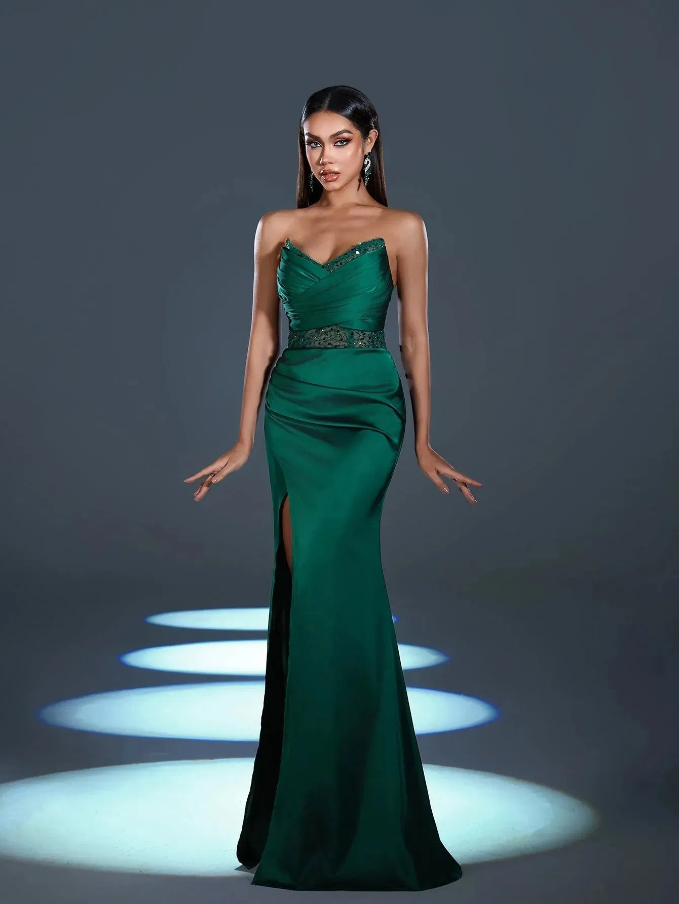Additional product view of High-Slit Strapless Satin Sequin Mermaid Evening Gown