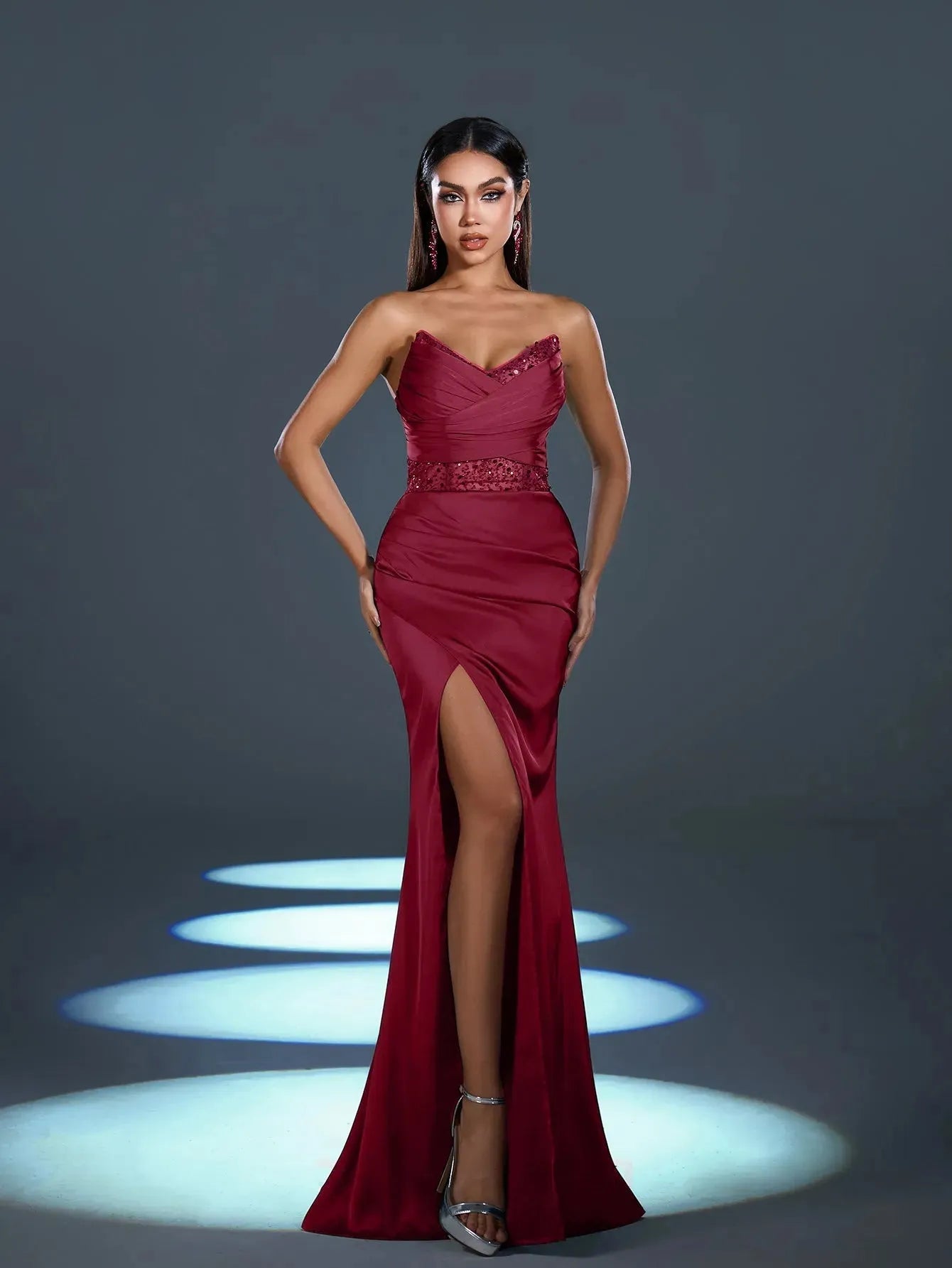 Additional product view of High-Slit Strapless Satin Sequin Mermaid Evening Gown