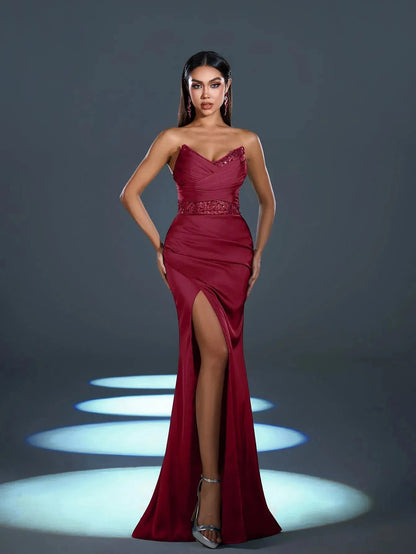 Additional product view of High-Slit Strapless Satin Sequin Mermaid Evening Gown