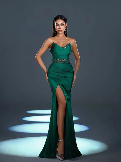 Additional product view of High-Slit Strapless Satin Sequin Mermaid Evening Gown