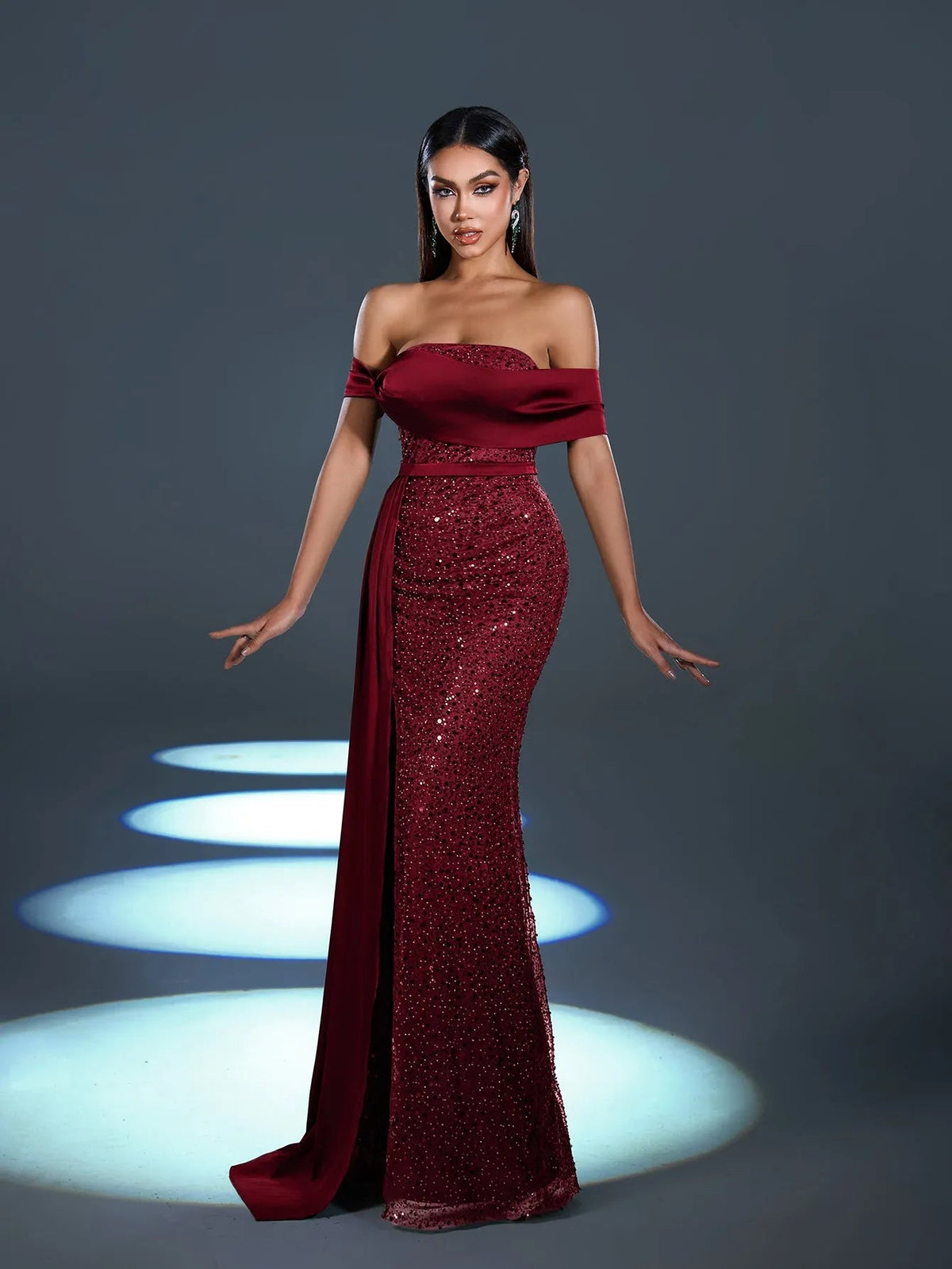 Additional view of Off-Shoulder Draped Side Split Mermaid Hem Sequin Evening Dress