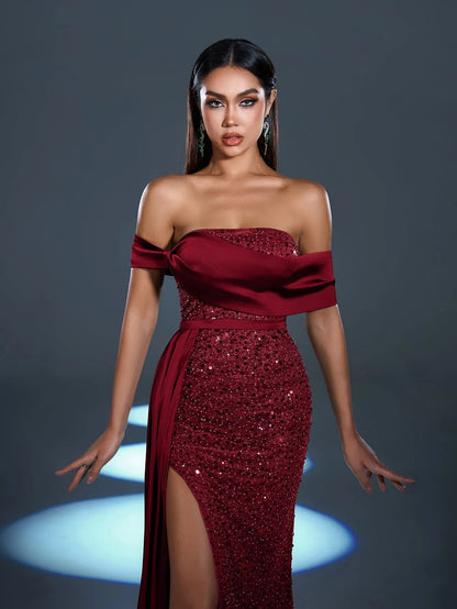 Additional view of Off-Shoulder Draped Side Split Mermaid Hem Sequin Evening Dress