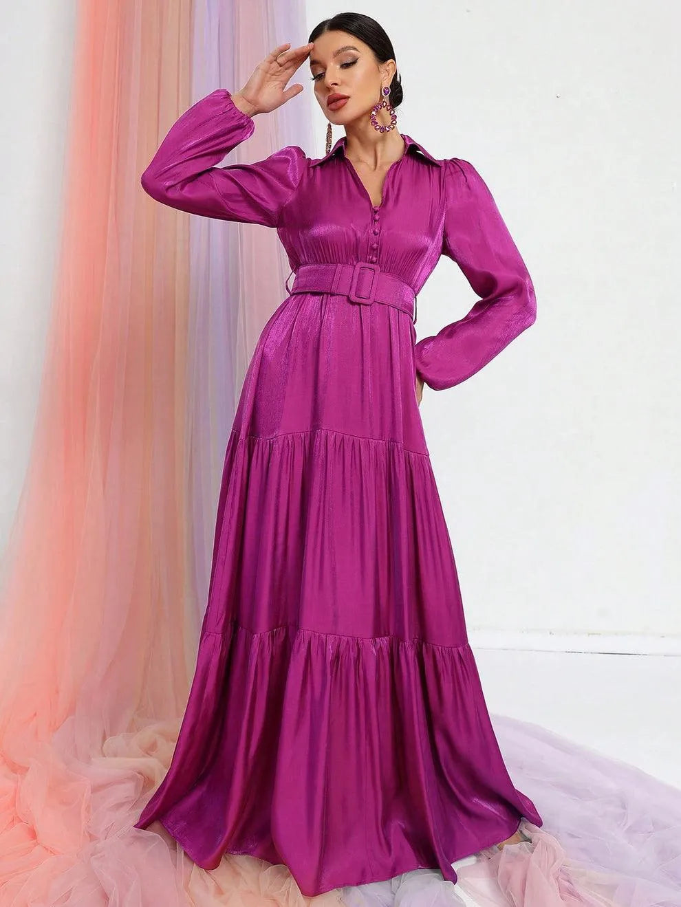 Alternate view of Belted Chiffon A-Line Long-Sleeve Maxi Evening Gown in Purple