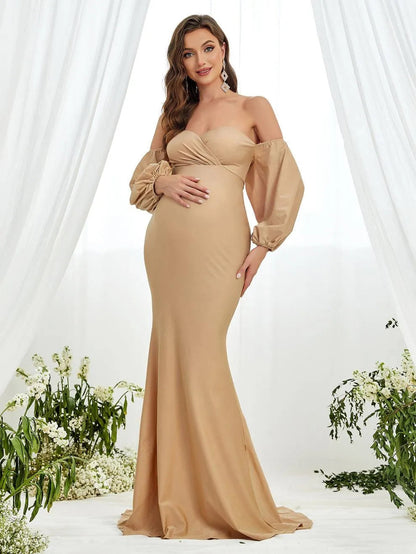 Additional product view of Off-Shoulder Knit Mermaid Long-Sleeve Maxi Maternity Evening Dress
