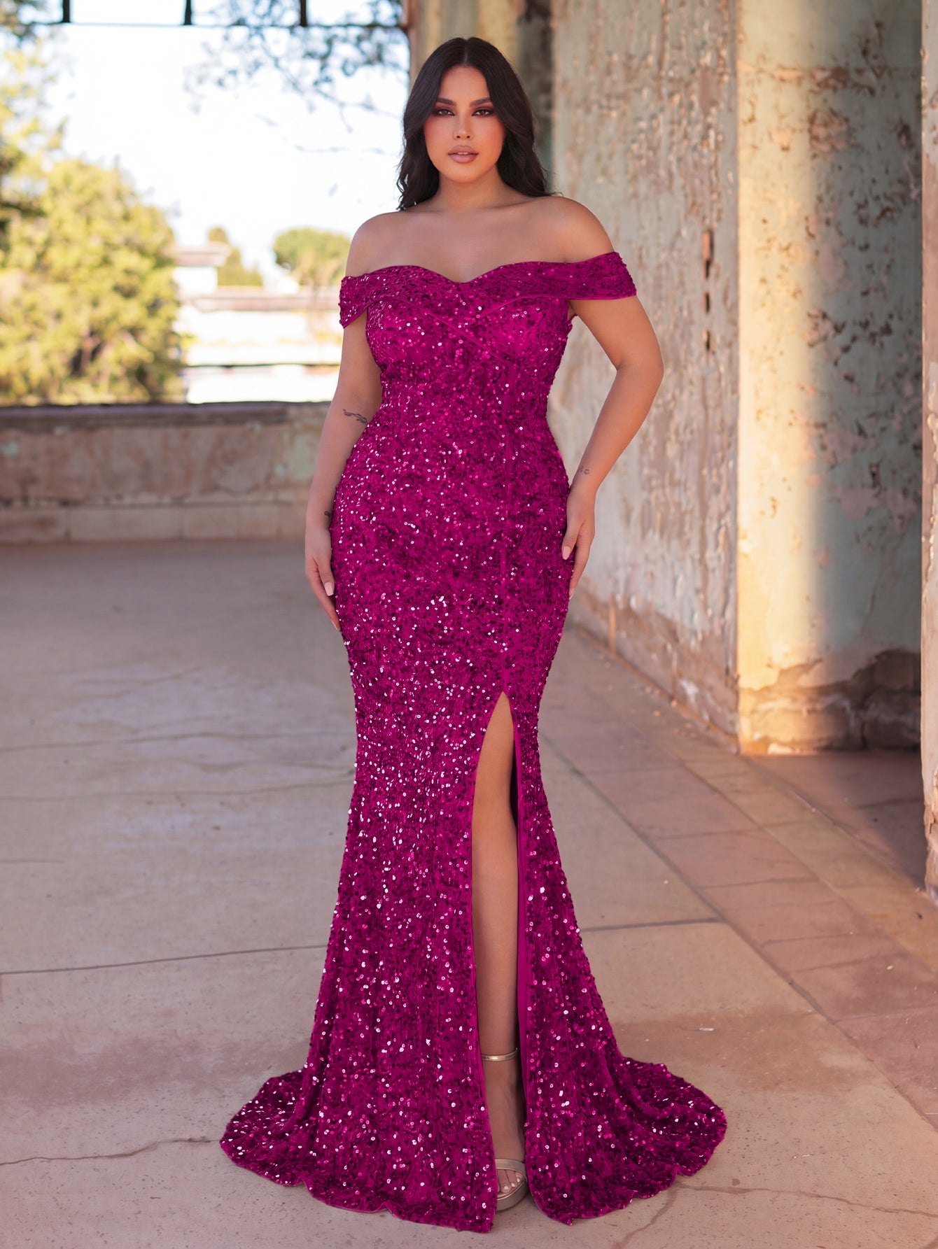Additional product view of Plus-Size Off-Shoulder Sequin Mermaid Short-Sleeve Evening Gown