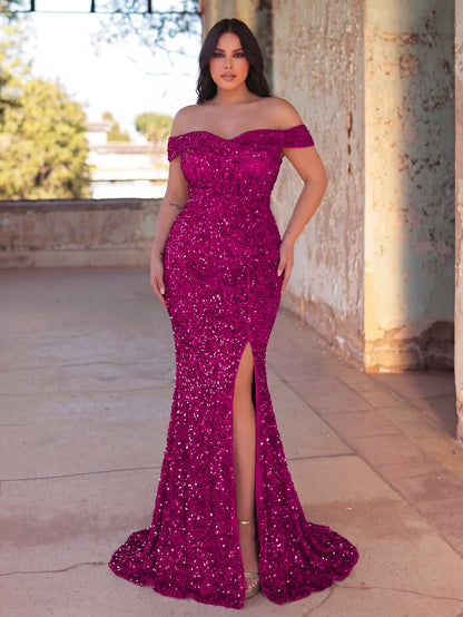 Additional product view of Plus-Size Off-Shoulder Sequin Mermaid Short-Sleeve Evening Gown