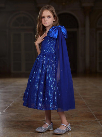 Additional product view of Draped Side Bow Detail One-Shoulder Sequin A-Line Tween Girls' Party Dress