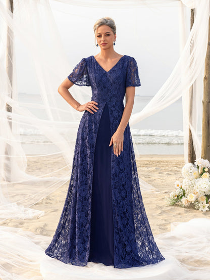 Navy Blue V-Neck Lace Floral A-Line Mother of the Bride Dress