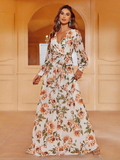 V-Neck Chiffon Floral Long-Sleeve A-Line Evening Gown — authorized product image 1