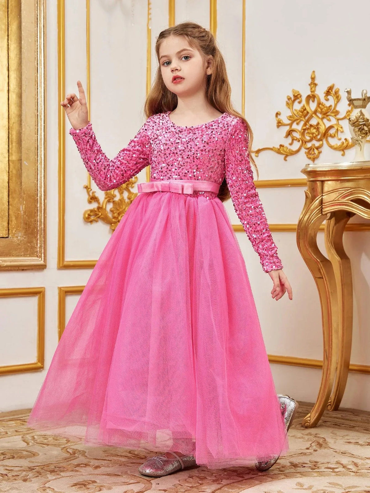 Additional product view of Sequin A-Line Long-Sleeve Mesh Maxi Tween Girls' Party Dress