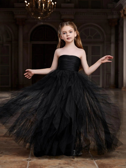 Layered Hem Strapless A-Line Sleeveless Mesh Tween Girls' Party Dress in Black