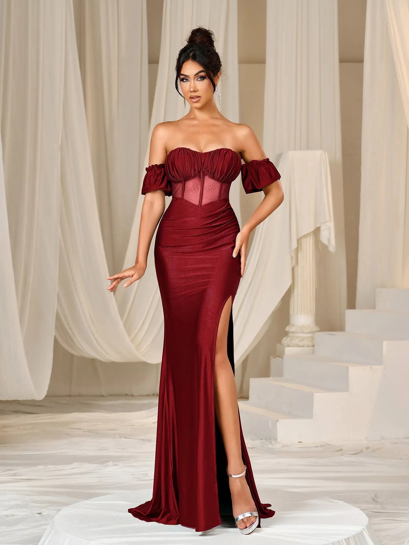 Alternate view of Mermaid Hem Off-Shoulder Knit Backless Short-Sleeve Evening Gown in Burgundy