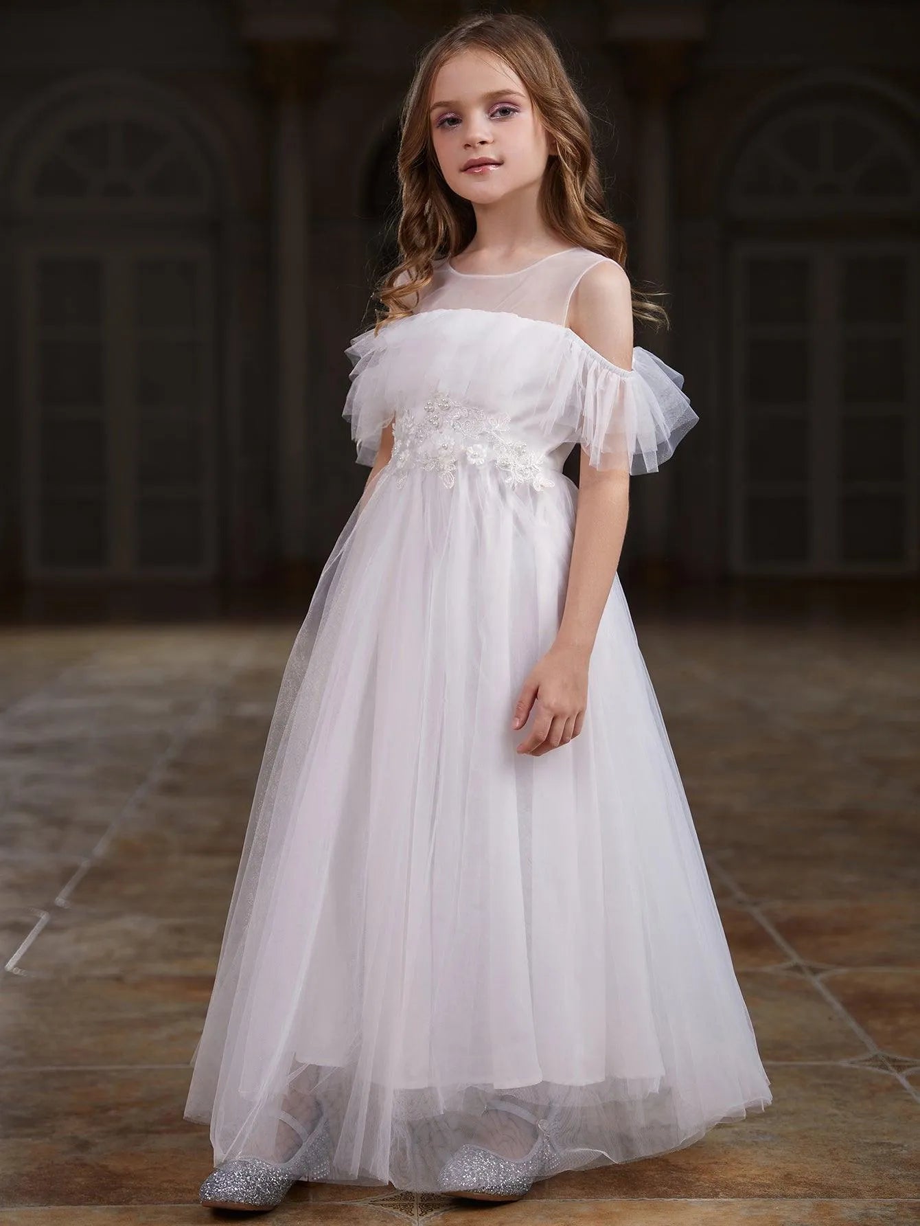 Tween Girls' Round Neck Tulle Short-Sleeve A-Line Formal Gown — authorized product image 4