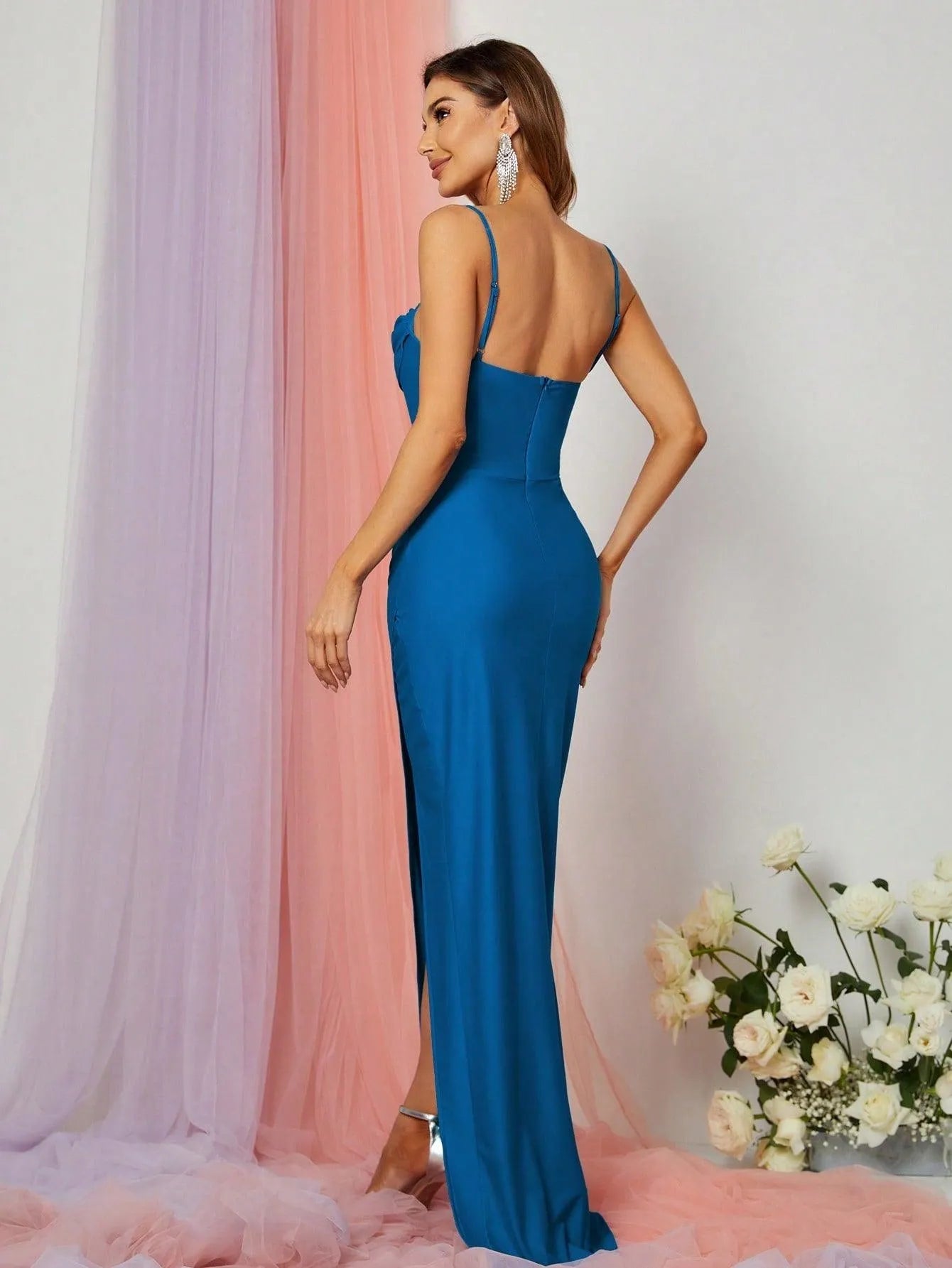 Additional product view of Cami Strap High-Slit Knit Sheath Sleeveless Evening Gown