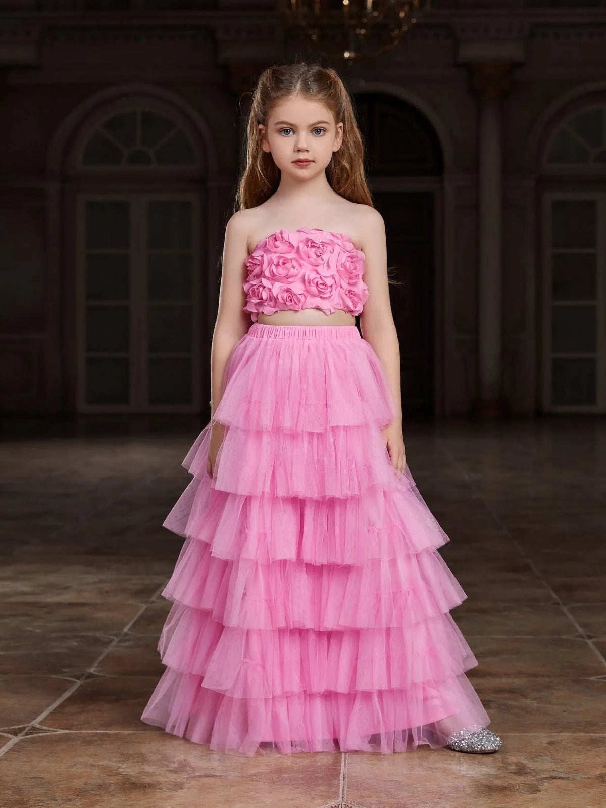 Alternate view of Strapless Mesh 3D-Flower A-Line Sleeveless Girls' Two-Piece Formal Set in Pink