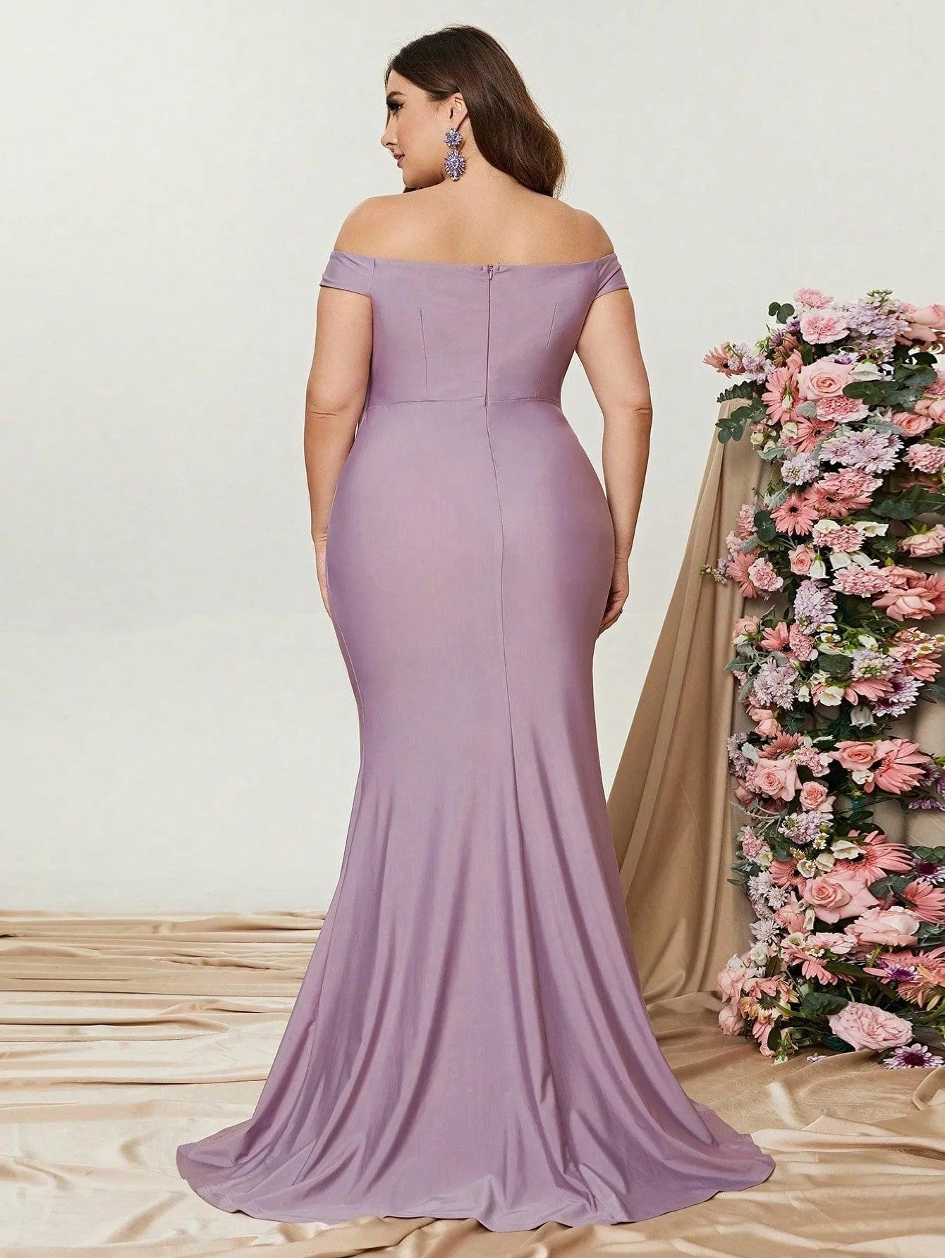 Additional product view of Ruched Wrap Plus-Size Off-Shoulder Knit High-Slit Evening Gown