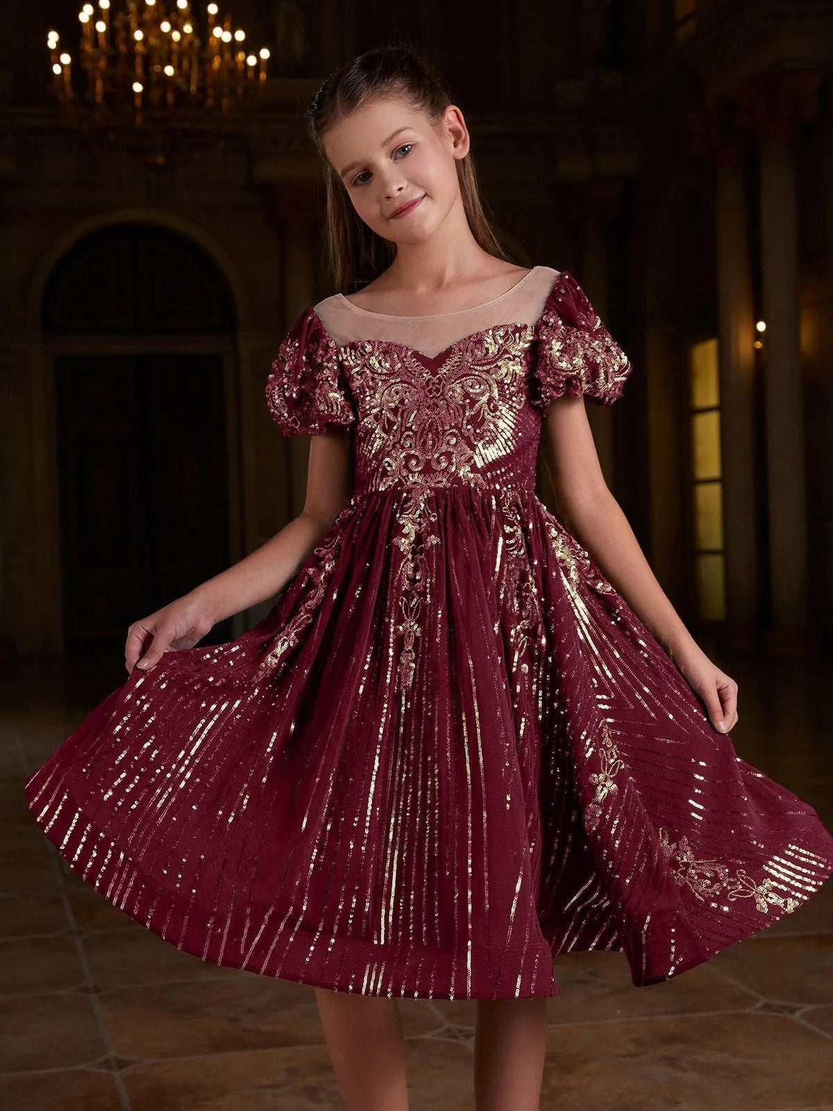 Additional product view of Puff-Sleeve Sequin A-Line Midi Tween Girls' Party Dress