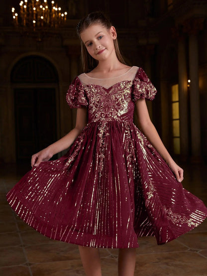 Additional product view of Puff-Sleeve Sequin A-Line Midi Tween Girls' Party Dress