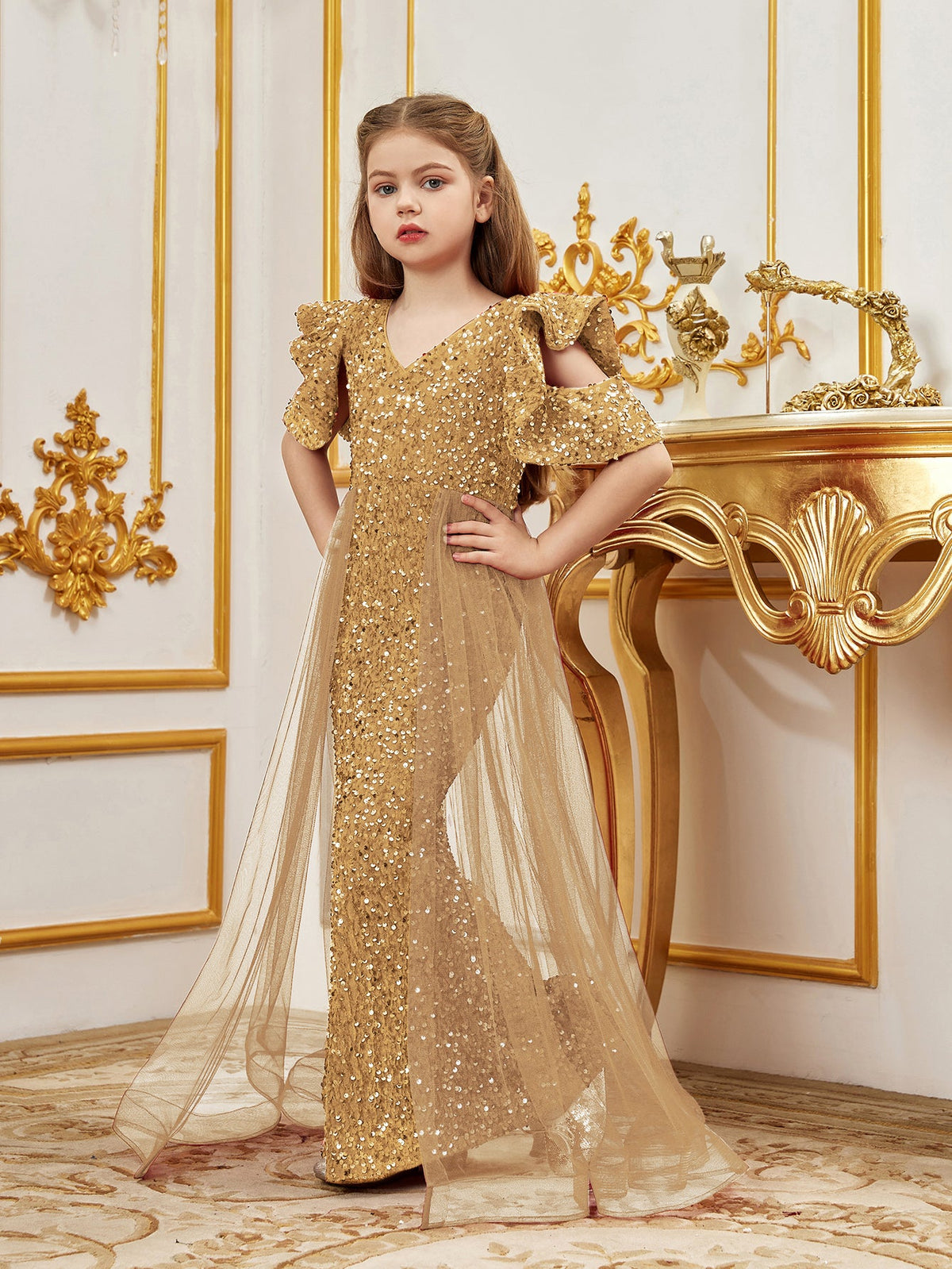Additional product view of Mesh Overlay V-Neck Sequin Mermaid Short-Sleeve Tween Girls' Party Dress