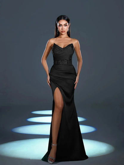 Alternate view of High-Slit Strapless Satin Sequin Mermaid Evening Gown in Black