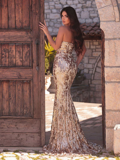 Elegant Strapless Mermaid Hem Floral Sequin Formal Evening Dress