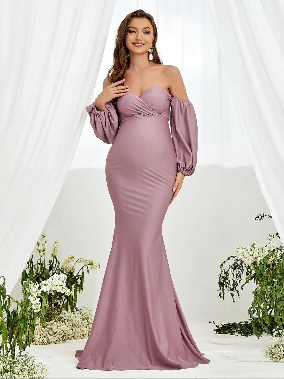 Alternate view of Off-Shoulder Knit Mermaid Long-Sleeve Maxi Maternity Evening Dress in Mauve Purple