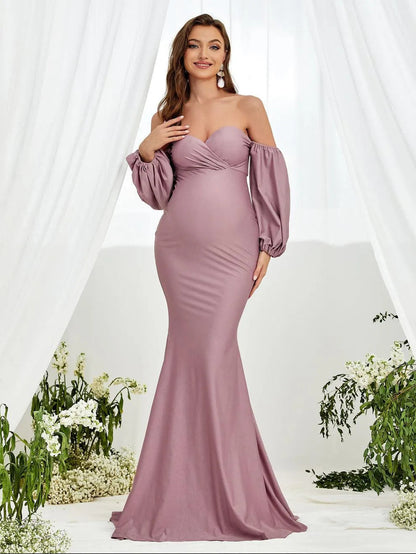 Alternate view of Off-Shoulder Knit Mermaid Long-Sleeve Maxi Maternity Evening Dress in Mauve Purple
