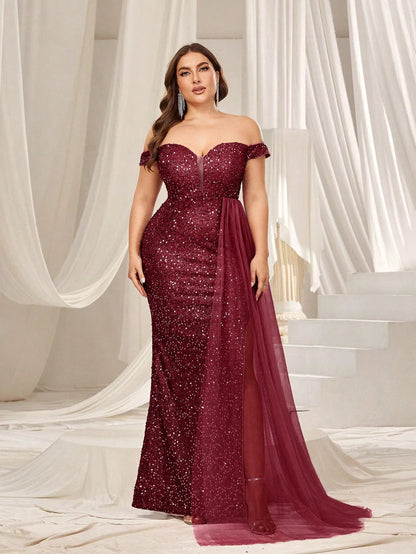 Plus-Size Off-Shoulder Split Thigh Sequin Formal Dress — authorized product image 3