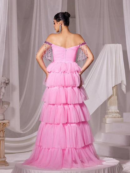 Off-Shoulder Fringed Sleeves Mesh Cake Dress – view 2