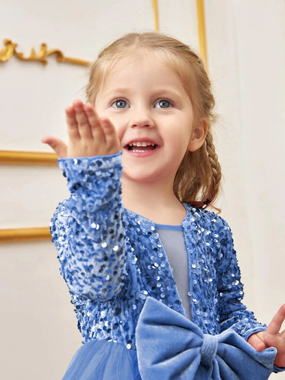 Additional product view of Bow-Front Sequin A-Line Long-Sleeve Mesh Young Girls' Party Dress