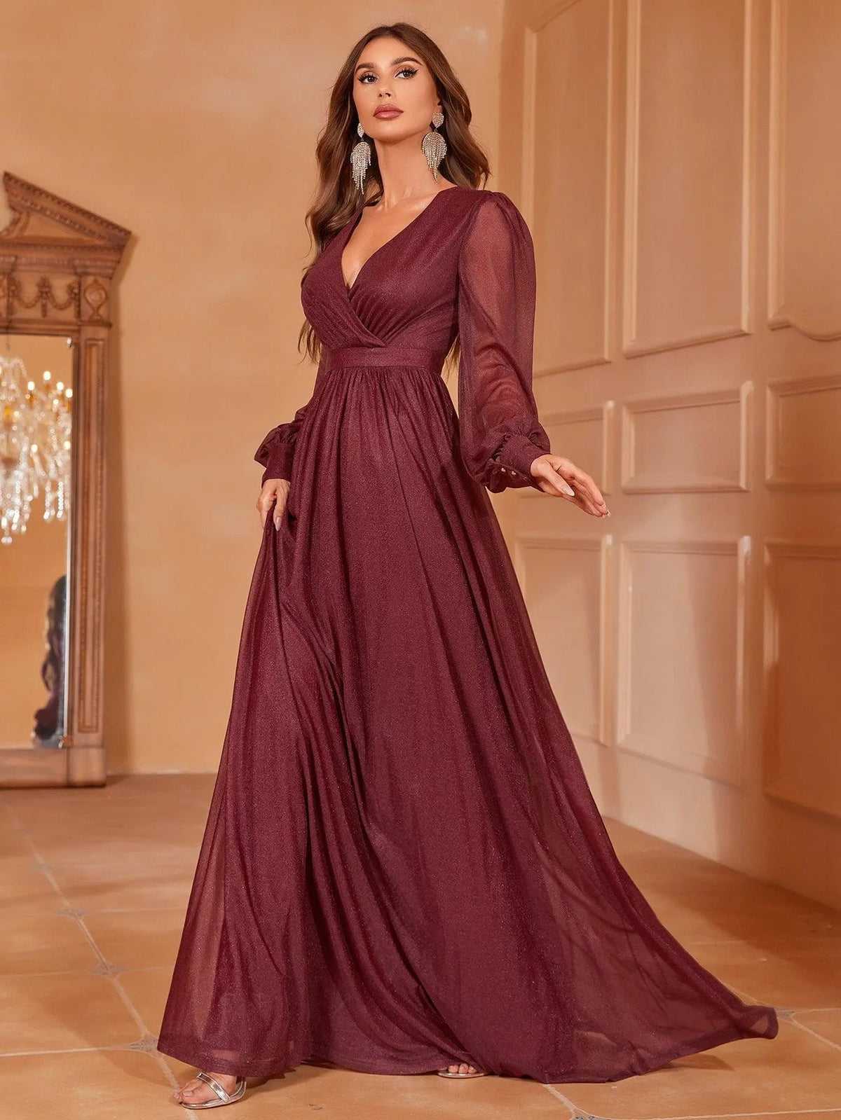 Additional product view of V-Neck Chiffon A-Line Long-Sleeve Maxi Evening Gown