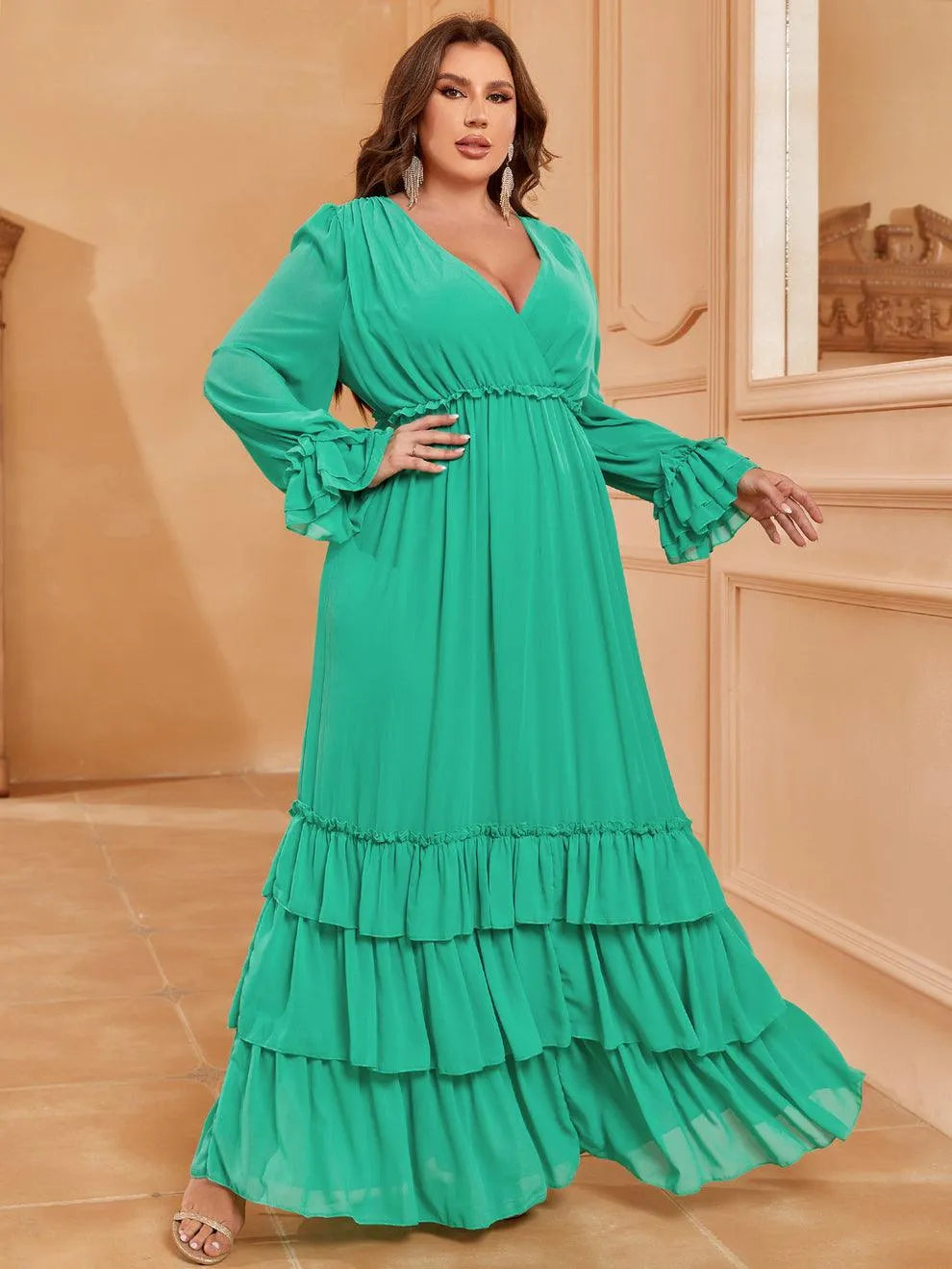 Plus-Size V-Neck Chiffon Lantern-Sleeve A-Line Evening Gown — authorized product image 3