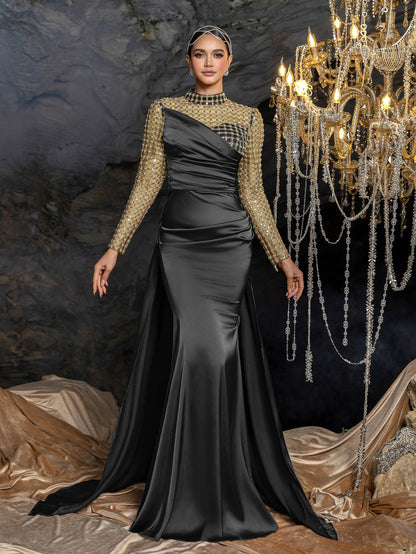 Elegant Beaded Sheer Long Sleeve Gown | High Neck & Satin Mermaid Skirt