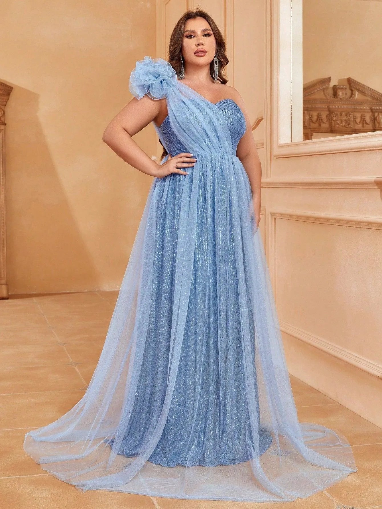 Plus-Size One-Shoulder Sequin Sleeveless A-Line Evening Gown — authorized product image 1