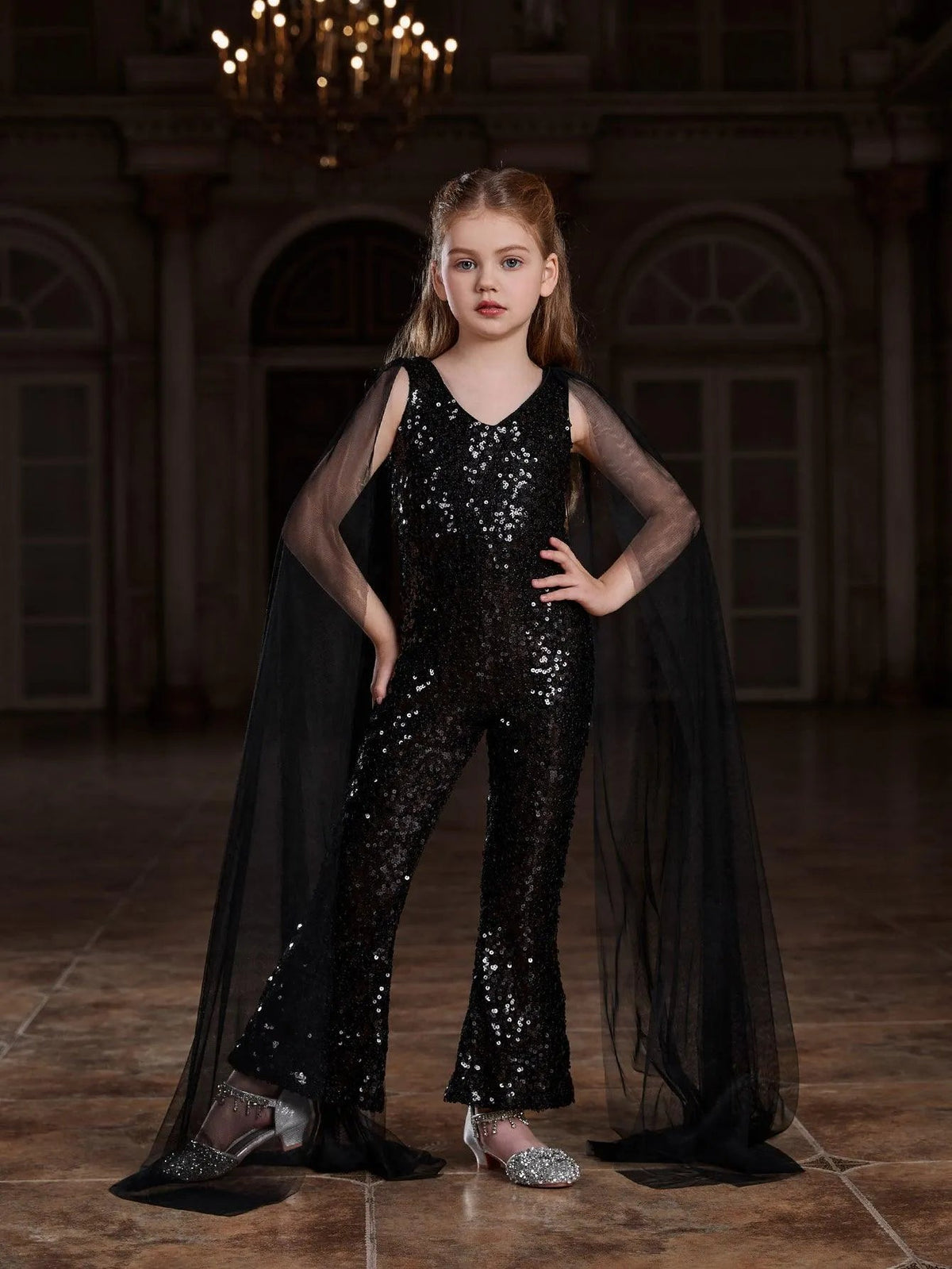 Alternate view of Cloak-Sleeve V-Neck Sequin Tween Girls' Party Jumpsuit in Black