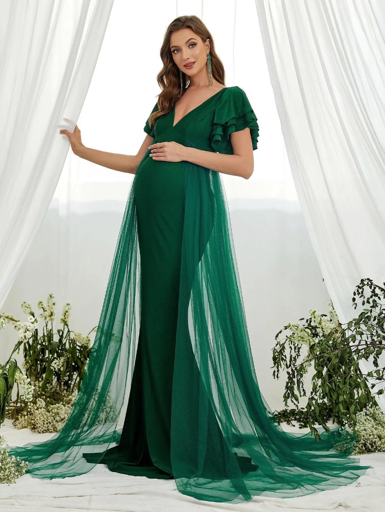 Maternity V-Neck Ruffle-Sleeve Mermaid Evening Dress - product image 11