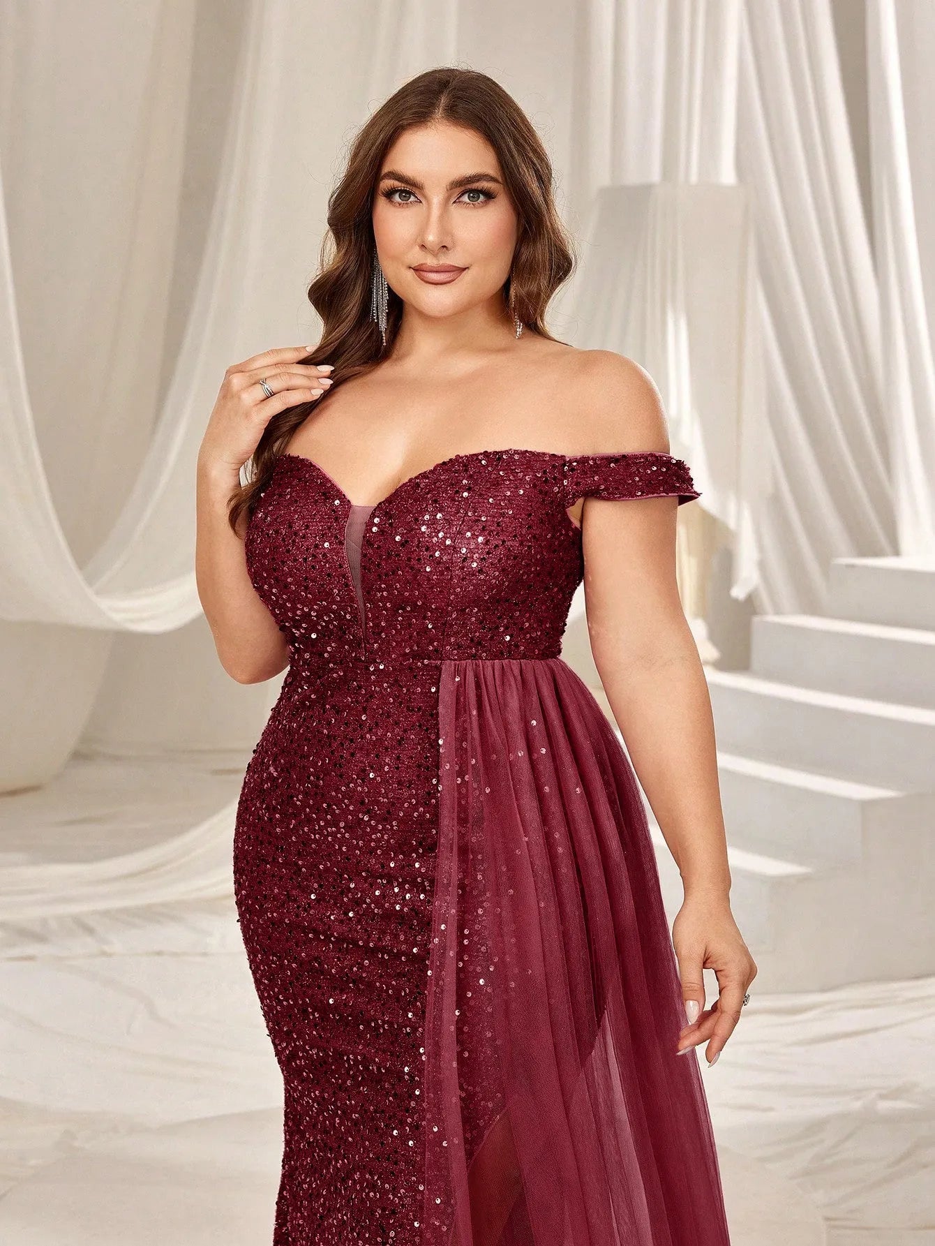 Plus-Size Off-Shoulder Split Thigh Sequin Formal Dress — authorized product image 6