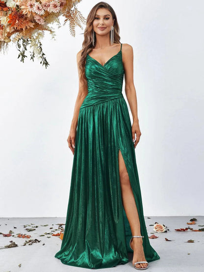 Elegant Spaghetti Strap Metallic A Line Prom Dress - Elonnashop