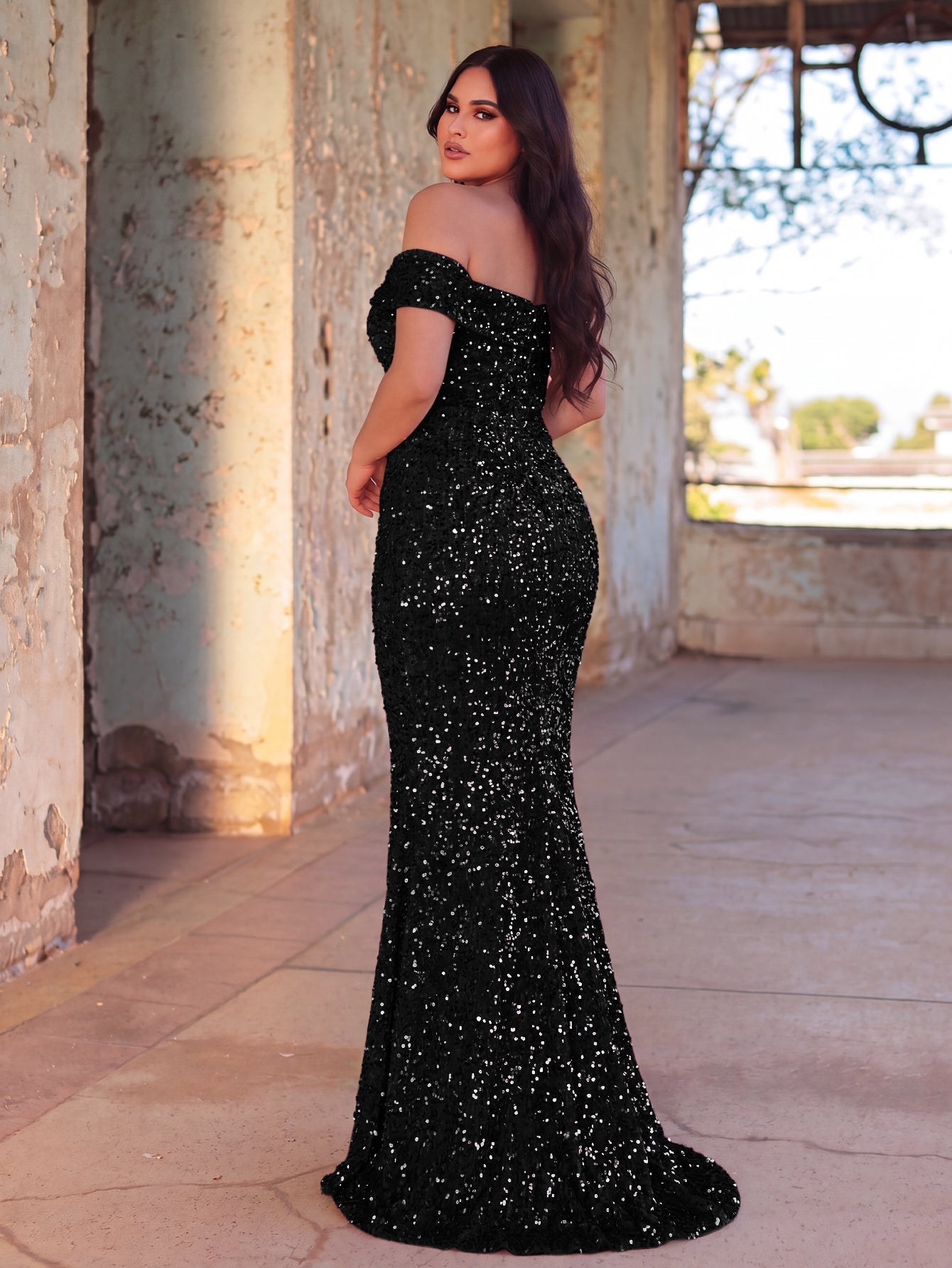 Additional product view of Plus-Size Off-Shoulder Sequin Mermaid Short-Sleeve Evening Gown
