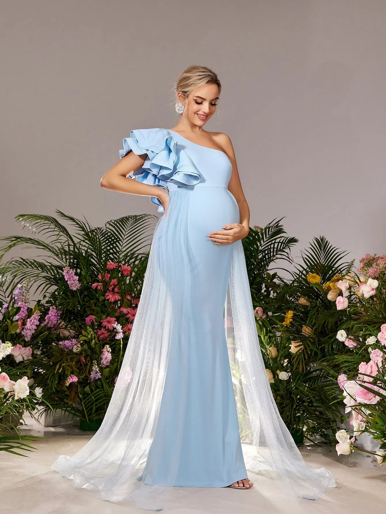 Mesh Overlay Ruffle Trim One-Shoulder Knit Mermaid Maternity Evening Dress in Light Blue