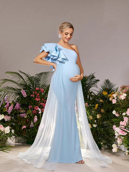 Mesh Overlay Ruffle Trim One-Shoulder Knit Mermaid Maternity Evening Dress in Light Blue