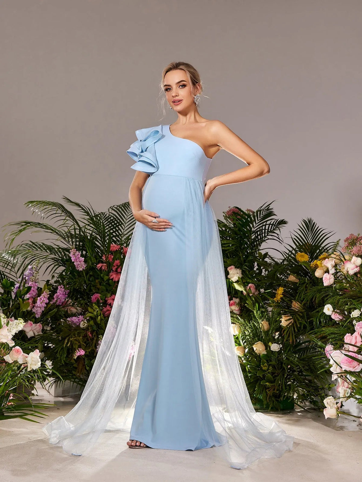 Additional product view of Mesh Overlay Ruffle Trim One-Shoulder Knit Mermaid Maternity Evening Dress