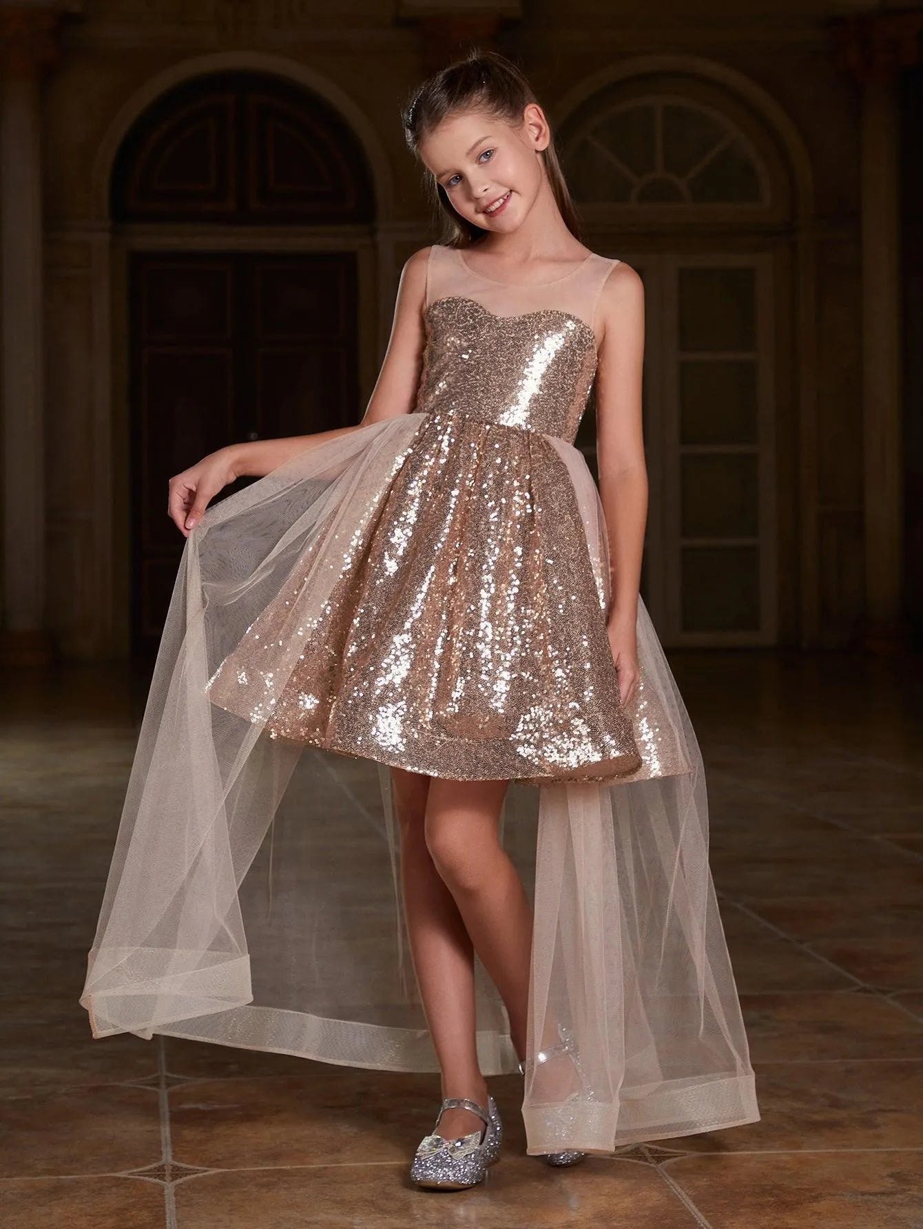 Additional product view of Contrast Mesh Sequin A-Line Sleeveless Midi Tween Girls' Party Dress